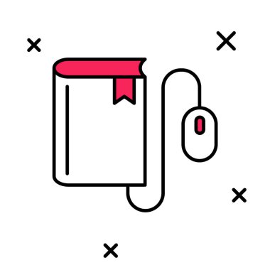 Beyaz arkaplanda izole edilmiş fare simgesiyle doldurulmuş Elektronik kitap. Çevrimiçi eğitim kavramı. E-kitap rozet ikonu. Vektör