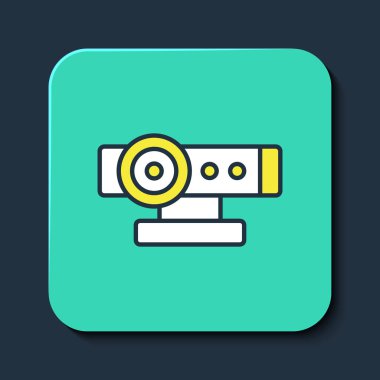 Doldurulmuş web kamera simgesi mavi arkaplanda izole edildi. Sohbet kamerası. Web kamerası simgesi. Turkuaz kare düğme. Vektör