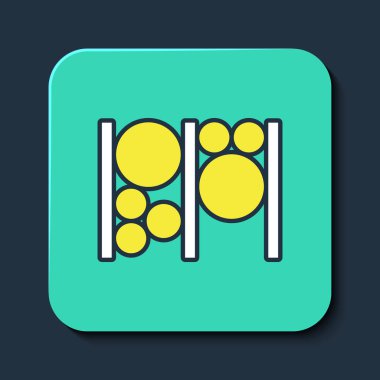 Ana hatlarıyla doldurulmuş tırmanma ekipmanı ikonu mavi arka planda izole edilmiş. Çocuk parkı tırmanışı. Turkuaz kare düğme. Vektör