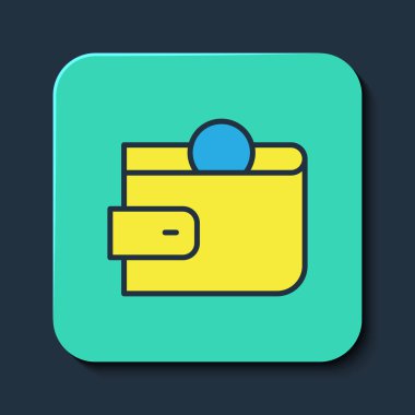 Doldurulmuş cüzdan simgesi mavi arkaplanda izole edildi. Çanta ikonu. Nakit tasarruf sembolü. Turkuaz kare düğme. Vektör