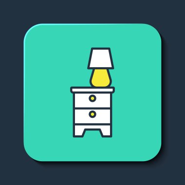 Mobilya sehpası mavi arka planda izole edilmiş lamba ikonu ile dolu. Turkuaz kare düğme. Vektör