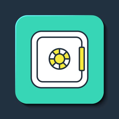 Doldurulmuş Güvenli simge mavi arkaplanda izole edildi. Kapı, şifreli bir banka kasası. Güvenilir Veri Koruma. Turkuaz kare düğme. Vektör