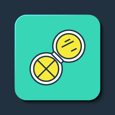 Mavi arka planda izole edilmiş ayna ikonuyla doldurulmuş makyaj tozu. Turkuaz kare düğme. Vektör