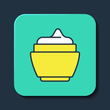 Mavi arka planda izole edilmiş krem ya da losyon kozmetik tüp ikonu. Kadınlar için vücut bakım ürünleri. Turkuaz kare düğme. Vektör