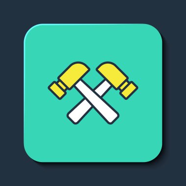 Doldurulmuş çizgili çapraz çekiç simgesi mavi arkaplanda izole edilmiş. Tamir için bir araç. Turkuaz kare düğme. Vektör