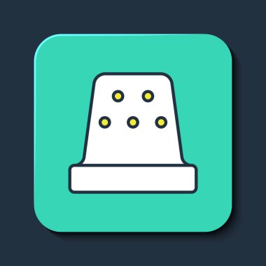 Mavi arkaplanda izole edilmiş ikon dikmek için yüksük çizgisi dolduruldu. Turkuaz kare düğme. Vektör