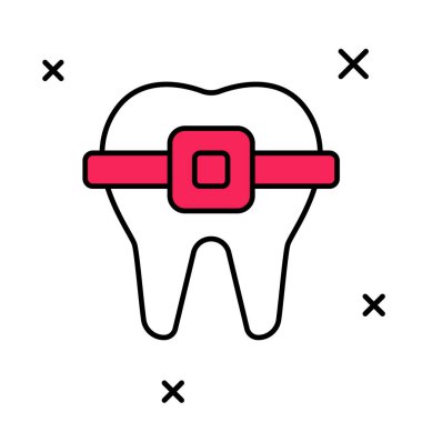 Beyaz arkaplanda izole edilmiş diş teli simgesiyle doldurulmuş. Diş ısırığının hizası, diş telli sıra. Diş konsepti. Vektör