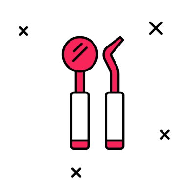 Doldurulmuş dış hat kontrol aynası ve sonda simgesi beyaz arkaplanda izole edilmiş. Kaşif pulluğu. Diş muayenesi. Vektör
