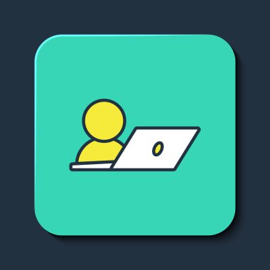 Mavi arkaplanda izole edilmiş ana hatlı görüntülü sohbet sohbet ikonu. Çevrimiçi iş görüşmesi formu. Uzak proje yönetimi. Turkuaz kare düğme. Vektör