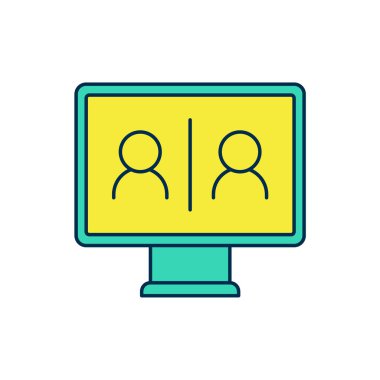 Beyaz arkaplanda izole edilmiş ana hatlı görüntülü sohbet ikonu. Çevrimiçi iş görüşmesi formu. Uzak proje yönetimi. Vektör