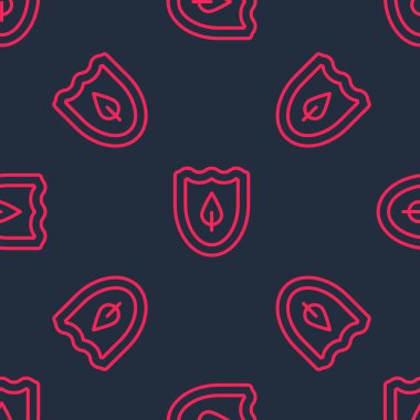 Yaprak simgesi olan kırmızı çizgi kalkanı siyah arkaplanda izole edilmiş. Yapraklı çevre dostu güvenlik kalkanı. Vektör