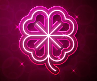 Kırmızı arkaplanda parlayan neon hattı dört yapraklı yonca simgesi izole edildi. Mutlu Aziz Patrick günleri. Vektör
