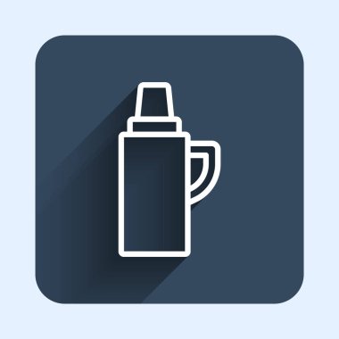 Beyaz çizgi termos konteynır ikonu uzun gölge arkaplan izole. Termo matara ikonu. Kamp ve yürüyüş ekipmanları. Mavi kare düğme. Vektör