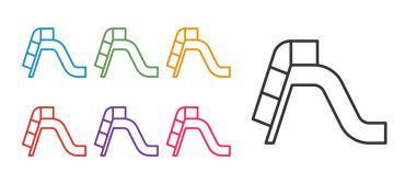 Satır Slayt oyun alanı simgesini beyaz arkaplanda izole et. Çocuklar kayar. Simgeleri renklendirin. Vektör