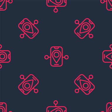 Kırmızı çizgi rota simgesi siyah arkaplanda izole edilmiş. Tren yolu güzergahının başlangıç noktası GPS ve tire çizgisi olan yolu. Vektör