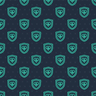 Yeşil Hat Hayat Sigortası ve kalkan ikonu mavi arka planda izole edilmiş pürüzsüz desen. Güvenlik, güvenlik, koruma, konsept koruma. Vektör