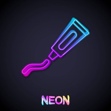 Siyah arkaplanda izole edilmiş parlak neon hattı tüp diş macunu simgesi. Vektör