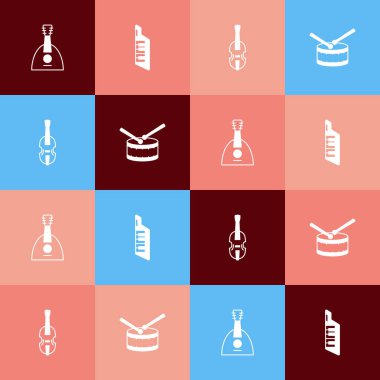 Popüler sanat eserleri Balalaika, Keytar, Violin ve Drum 'u davul sopası ikonu ile ayarlayın. Vektör
