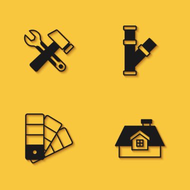 Çekiç ve ingiliz anahtarı, House, renk palet rehberi ve uzun gölgeli endüstriyel metalik boru ikonu ayarla. Vektör