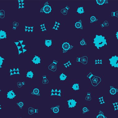 Bayraklı karnaval çelengi, bıyıklı sakal, madalyalı yonca ve para çantasını kusursuz desenli ayarla. Vektör