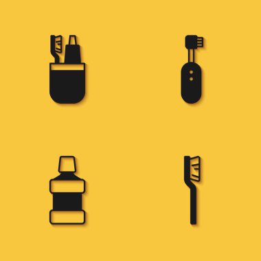 Diş fırçası, diş macunu, ağız gargarası ve uzun gölgeli elektrikli diş fırçası ikonu. Vektör