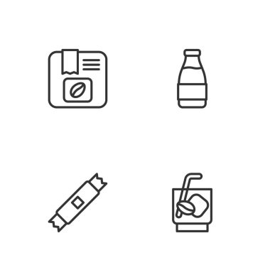 Espresso tonik kahve, şeker paketleri, poşet fasulye ve süt şişesi ikonu. Vektör