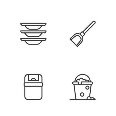 Köpük ve köpüklü kova, çöp tenekesi, bulaşık yıkama ve faraş ikonu koyun. Vektör