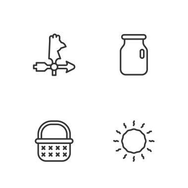 Güneş, hasır sepet, horoz rüzgar gülü ve tornavida ikonlu cam kavanoz. Vektör