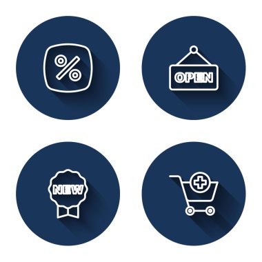Satır İndirim yüzde etiketini ayarla, Açık metin ile asılma işareti, Yeni Fiyat ve uzun gölgeli alışveriş arabasına ekle. Mavi daire düğmesi. Vektör