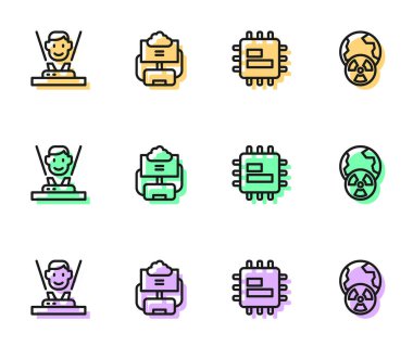 Hat işlemcisi işlemcisi, hologram, bulut veritabanı ve Dünya gezegeni ve radyasyon ikonu ayarla. Vektör