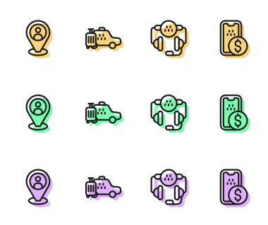 Taksi hattı, telefon servisi, müşteri, araba ve mobil bankacılık simgesi ayarla. Vektör