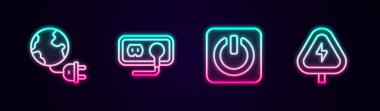 Küresel enerji gezegenini prize, elektrik prizine, güç düğmesine ve yüksek voltaja ayarlayın. Parlayan neon ikonu. Vektör