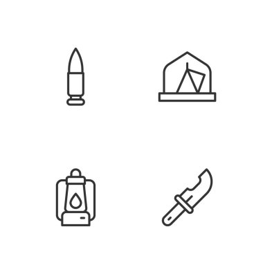 Avcı bıçağı, kamp feneri, kurşun ve turist çadırı ikonu. Vektör