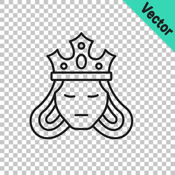 ブラックラインプリンセスまたは女王は 透明な背景に彼女の王冠のアイコンを身に着けています 中世の女性 ベクトル — ストックベクタ
