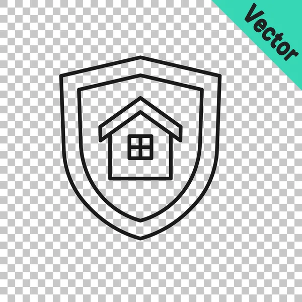 Casa Línea Negra Con Icono Escudo Aislado Sobre Fondo Transparente — Vector de stock