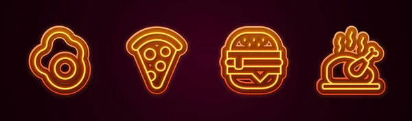 Impostare Linea Uova Strapazzate Fetta Pizza Burger Tacchino Arrosto Pollo — Vettoriale Stock