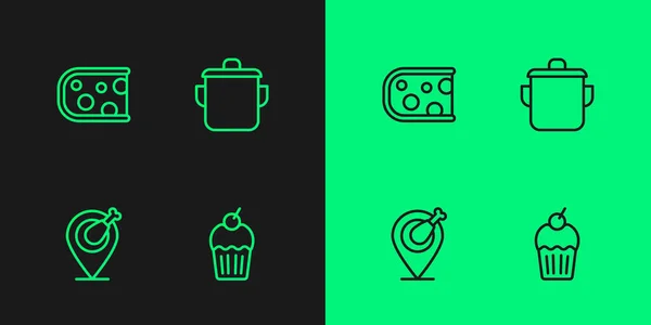 Set Line Muffin Pierna Pollo Queso Olla Cocina Icono Vector — Archivo Imágenes Vectoriales