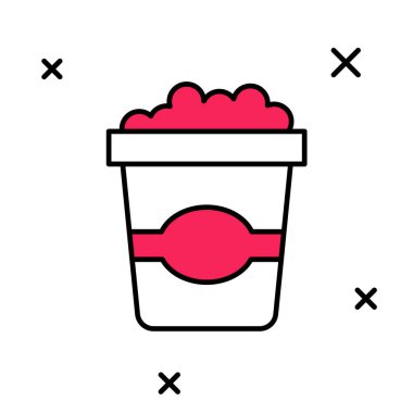 Beyaz arka planda izole edilmiş karton kutu simgesiyle doldurulmuş patlamış mısır. Patlamış mısır kutusu. Vektör