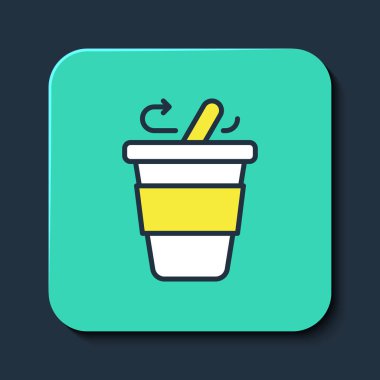 Mavi arka planda izole edilmiş bir kahve bardağını doldurdum. Turkuaz kare düğme. Vektör