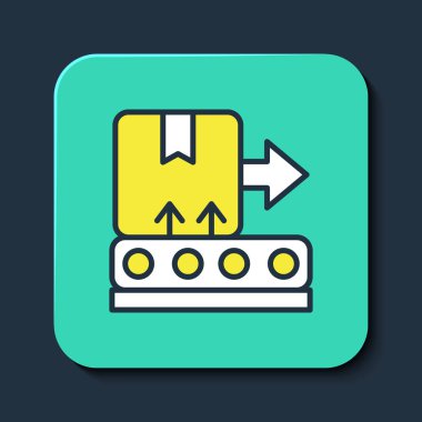 Mavi arkaplanda izole edilmiş karton kutu simgesiyle ana hat taşıma bandı dolduruldu. Turkuaz kare düğme. Vektör