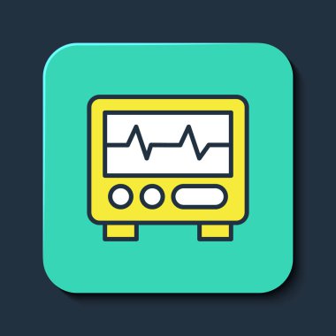 Mavi arkaplanda izole edilmiş kardiyogram simgesiyle dolu ana hat bilgisayar monitörü. Simge denetleniyor. Kalp atışı elle çizilmiş EKG monitörü. Turkuaz kare düğme. Vektör