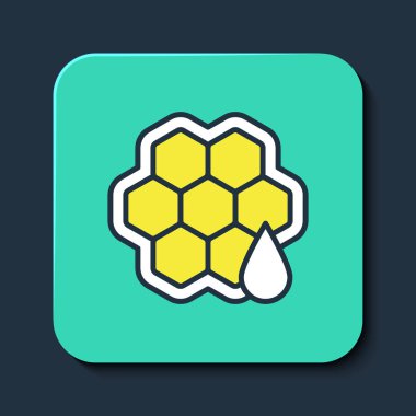 Doldurulmuş ana hatlı bal peteği simgesi mavi arkaplanda izole edildi. Bal hücrelerinin sembolü. Tatlı doğal yemek. Turkuaz kare düğme. Vektör