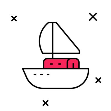 Beyaz arka planda izole edilmiş ana hatlı Yat yelkenlisi ya da yelkenli gemi simgesi. Yelkenli deniz seyahati. Vektör