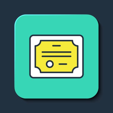 Doldurulmuş Sertifika şablon simgesi mavi arkaplanda izole edildi. Başarı, ödül, diploma, burs, diploma kavramları. Turkuaz kare düğme. Vektör