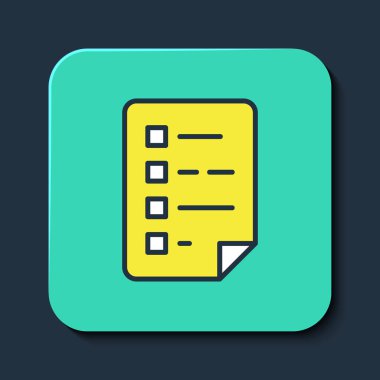 Mavi arkaplanda izole edilmiş kontrol listesi simgesiyle doldurulmuş pano. Kontrol listesi sembolü. Anket anketi ya da anket geri bildirim formu. Turkuaz kare düğme. Vektör