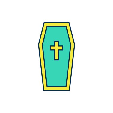 Tabut ana hatlarını, beyaz arka planda izole edilmiş Hıristiyan haç simgesiyle doldurmuş. Mutlu Cadılar Bayramı Partisi. Vektör