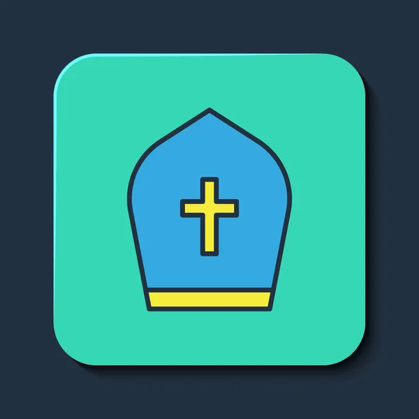 Contour rempli icône chapeau pape isolé sur fond bleu. Chapeau chrétien signe. Bouton carré turquoise. Vecteur — Image vectorielle