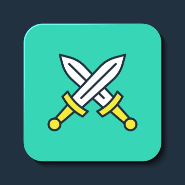 Mavi arka planda izole edilmiş orta çağ kılıç simgesi. Ortaçağ silahı. Turkuaz kare düğme. Vektör