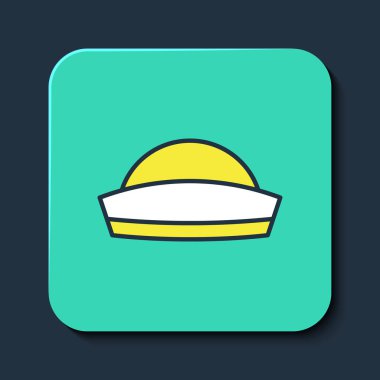 Mavi arka planda izole edilmiş ana hatlı Denizci şapka simgesi. Turkuaz kare düğme. Vektör