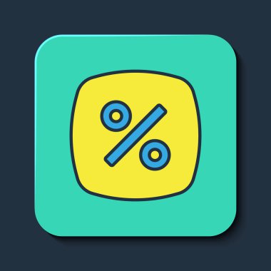 Doldurulmuş İndirim yüzde etiketi simgesi mavi arkaplanda izole edildi. Etiket alışverişi. Özel teklif işareti. İndirim kuponları sembolü. Turkuaz kare düğme. Vektör